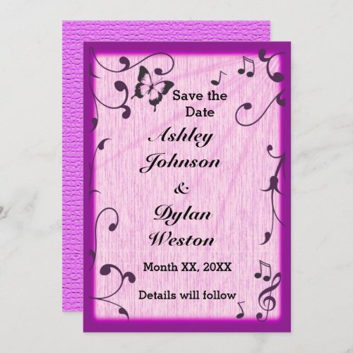 Music Butterfly Leaves Pink Purple Wood Wedding Save The Date