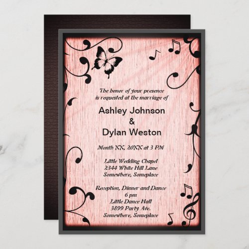 Music Butterfly Leaves Pink Rustic Wood Wedding Invitation