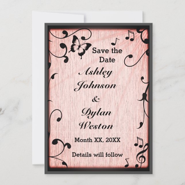 Music Butterfly Leaves Pink Rustic Wood Wedding Save The Date (Front)