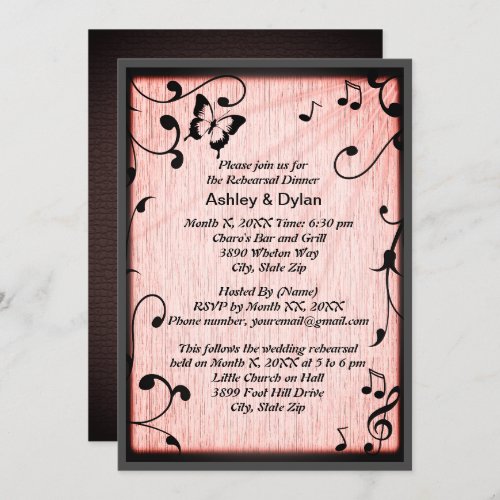 Music Butterfly Leaves Pink Wood Rehearsal Dinner Invitation