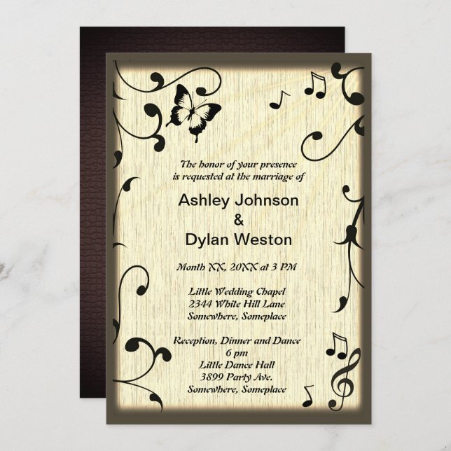 Music Butterfly Leaves Yellow Tan Wood Wedding Invitation (Front/Back)