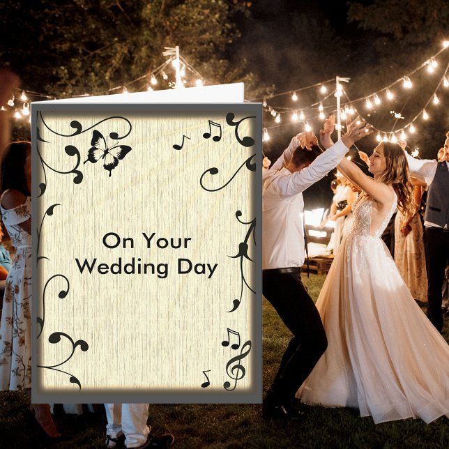 Music Butterfly Leaves Yellow Wood Grain Wedding Card (Music Butterfly Leaves Yellow Wood Grain Wedding Card)