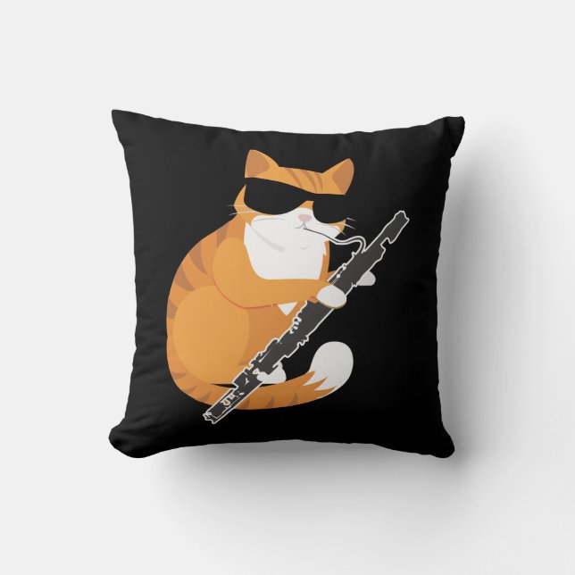 Music Cat Sunglasses Bassoonist Musician Bassoon Throw Pillow (Front)