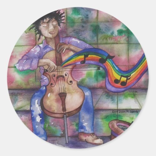 Music Cello Rainbow Watercolor Illustration Classic Round Sticker