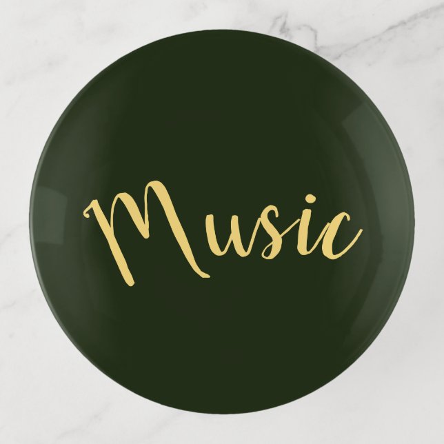 MUSIC Chic Elegant Script Forest Green Background Trinket Tray (Front)