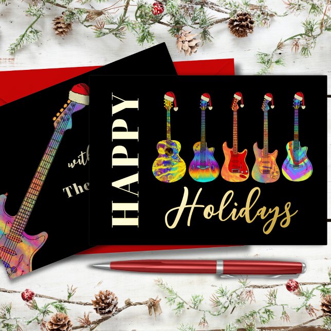 Music Christmas Guitar Happy Holidays Custom Gold Foil Holiday Card (Music themed christmas guitars happy holidays black & gold foil personalized holidays greeting card)