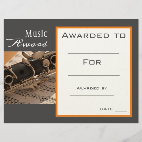 Music clarinet award certificate music teacher