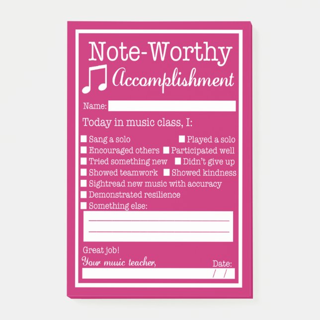 Music Class Student Recognition Post-it Notes (Front)