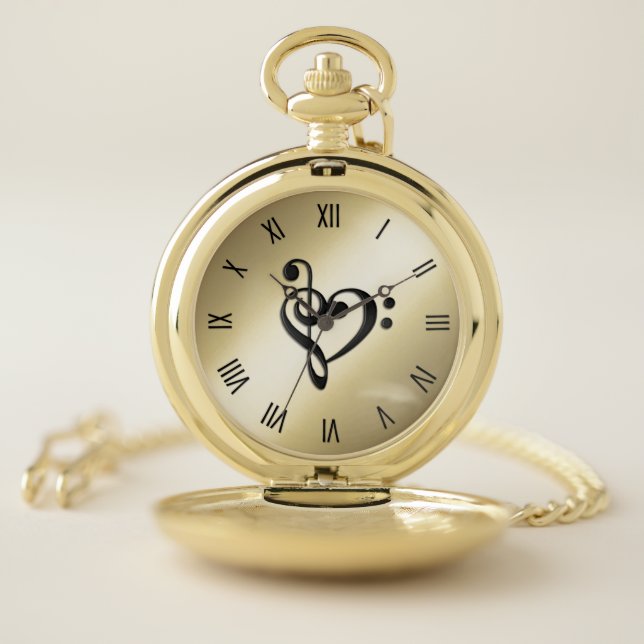 Music Clef Heart Gold Face with Roman Numerals Pocket Watch (Inside)