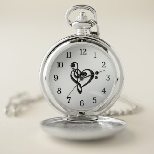 Music Clef Heart Silver Face with Black Numbers Pocket Watch