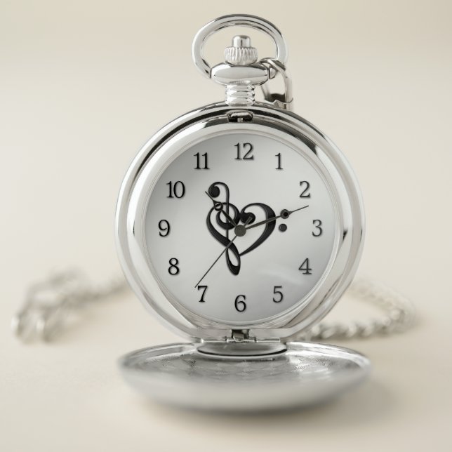 Music Clef Heart Silver Face with Black Numbers Pocket Watch (Inside)