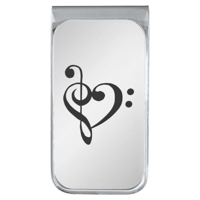 Music Clef Heart Silver Finish Money Clip (Front Vertical)