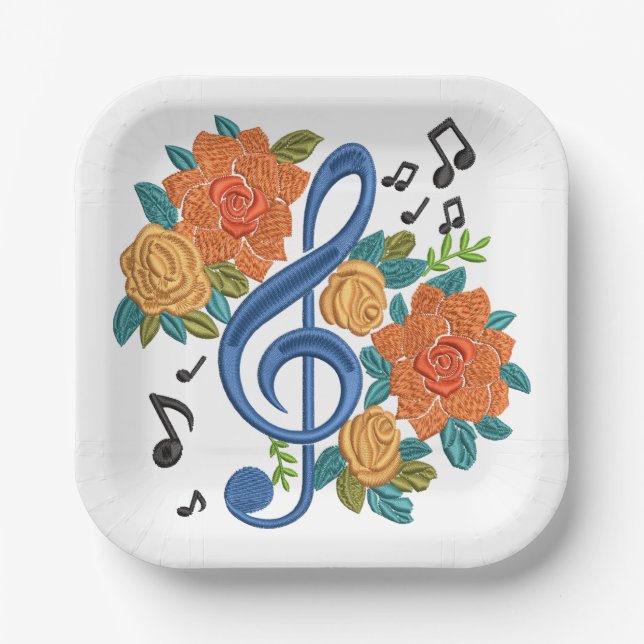 Music Clef Note Flowers Musical Floral Paper Plates (Front)