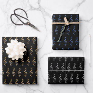Music Clefs in Gold, Blue, Silver and Black Wrapping Paper Sheets