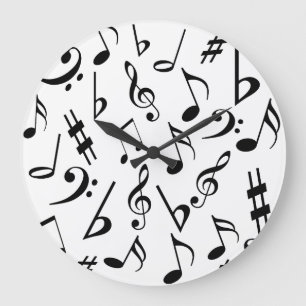 Music Clock Large   Black and White Musical Notes
