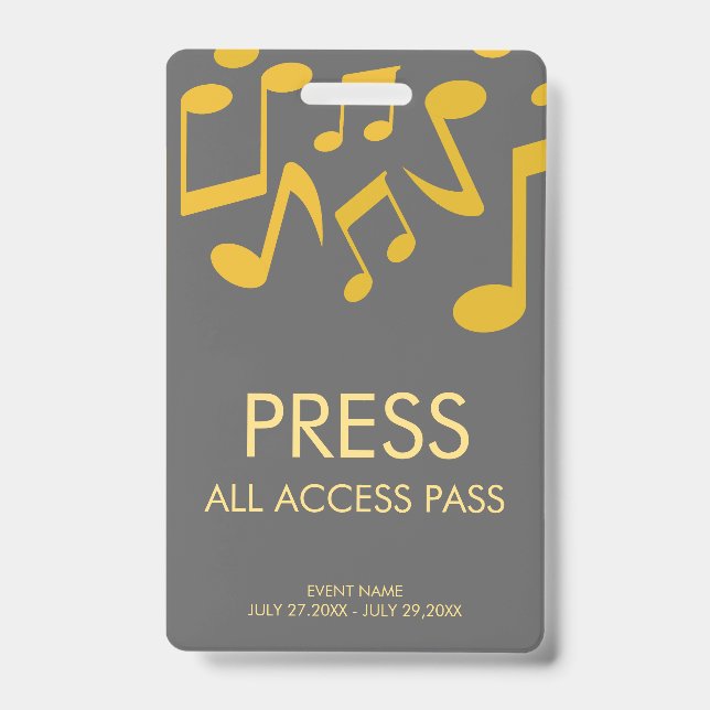 Music Concert Festival All Access Press Pass Badge (Front)