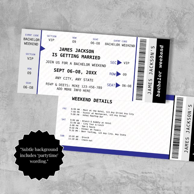 Music Concert Ticket Bachelor Weekend Itinerary Invitation ("Subtle background includes ‘partytime' wording.")