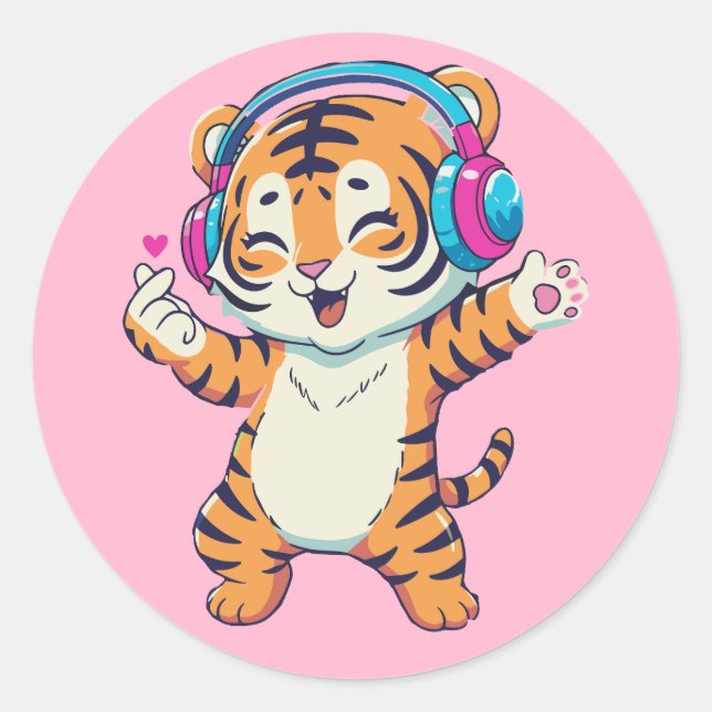 Music & Dancing Lover Tiger Classic Round Sticker (Front)