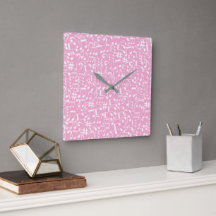 Music Dancing White Notes Soft Pink Square Wall Clock