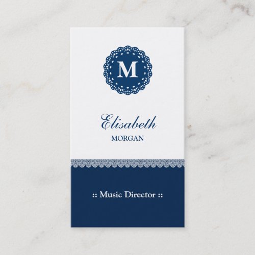 Music Director _ Elegant Blue Lace Monogram Business Card