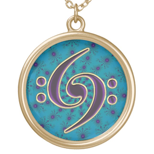 Music Double Bass Clef on Blue  Fractal Necklace (Front)