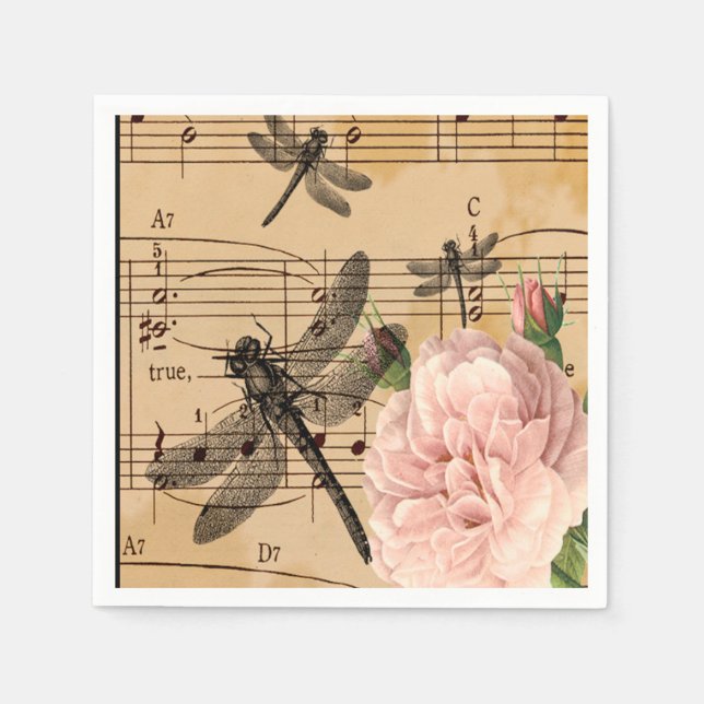 Music Dragonfly Flower Napkins Party Decocupage (Front)