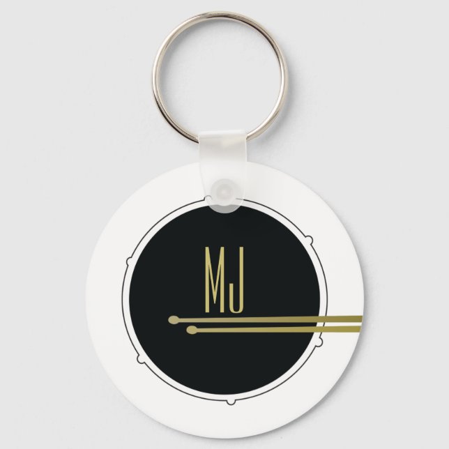 Music Drums Modern Black and White Monogrammed Keychain (Front)