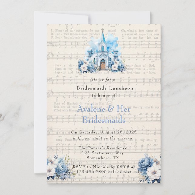 Music Dusty Blue Church Bridesmaids Luncheon Invitation (Front)