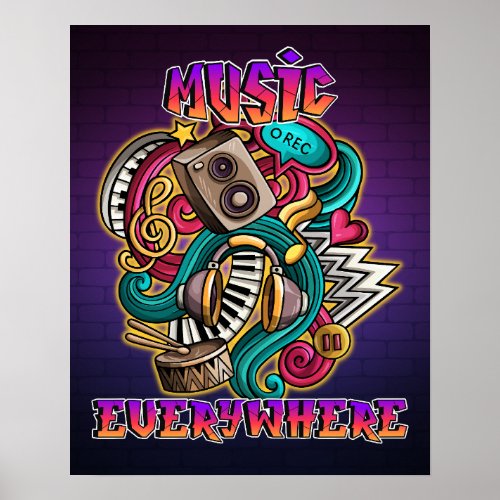 Music everywhere graffiti DJ  Poster