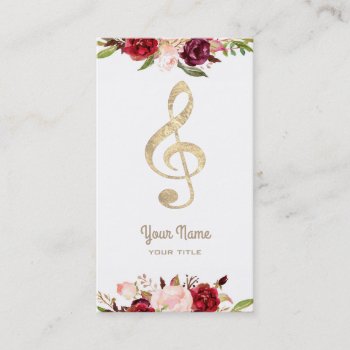 Music Faux Gold Foil Treble Clef And Flowers Business Card by musickitten at Zazzle