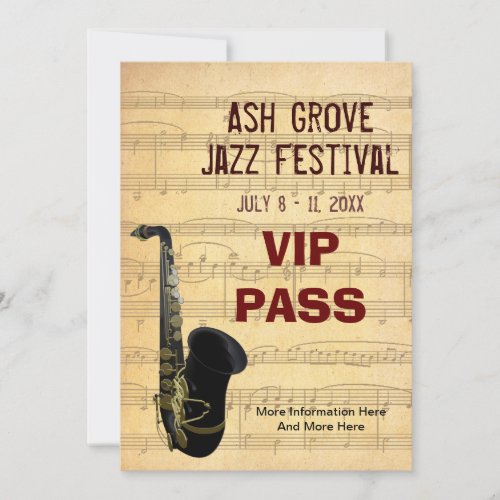 Music Festival Pass Saxophone Music Theme Template Custom Invites