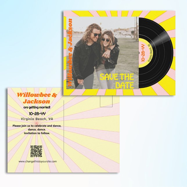 Music Festival Record Save the Date Postcard (Music Festival Vinyl Record postcard save the date with QR code)