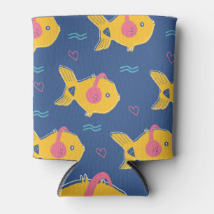Music Fishes: Cartoon Vintage Pattern. Can Cooler