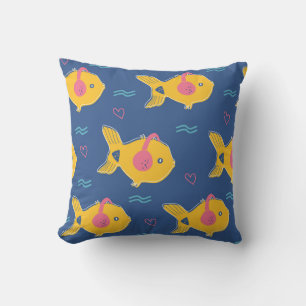 Music Fishes: Cartoon Vintage Pattern. Throw Pillow