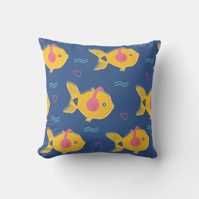 Music Fishes: Cartoon Vintage Pattern. Throw Pillow (Front)