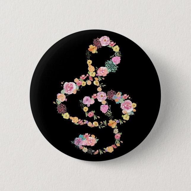 music floral treble clef on black pinback button (Front)
