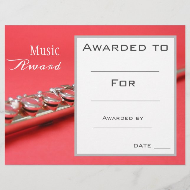 Music flute award certificate music teacher (Front)