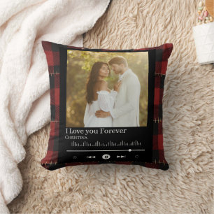 Music Frame Couple Photo Red Plaid  Name & Title  Throw Pillow