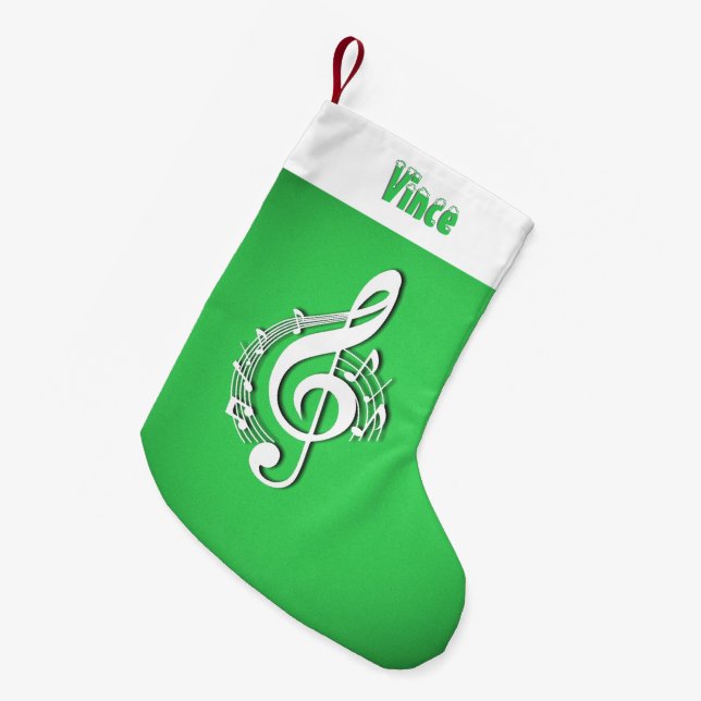 Music G Clef Personalized Name Green Small Christmas Stocking (Front (Hanging))