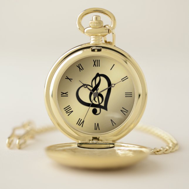 Music G Heart on Gold Roman Numerals Pocket Watch (Inside)