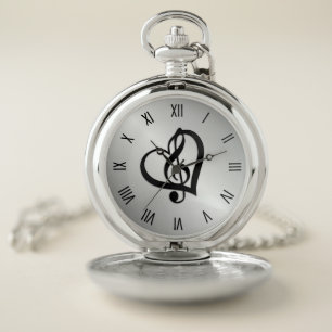 Music G Heart on Silver w Roman Numerals Pocket Watch