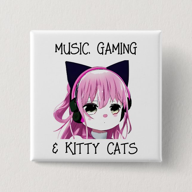 Music Gaming and Kitty Cat Anime Girl Button (Front)