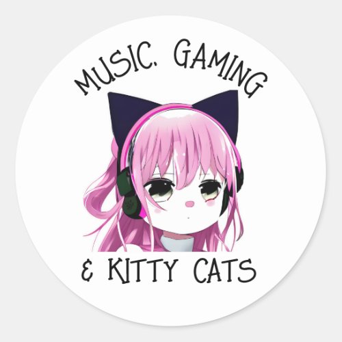 Music Gaming and Kitty Cat Anime Girl Classic Round Sticker