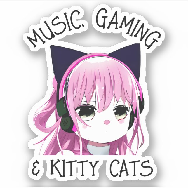 Music, Gaming and Kitty Cat Anime Girl Sticker (Front)