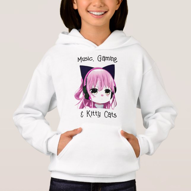 Music, Gaming and Kitty Cats | Anime Girl Hoodie (Front)