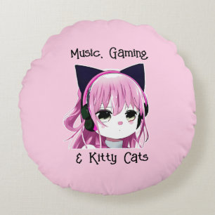 Music, Gaming and Kitty Cats Anime Girl Round Pillow