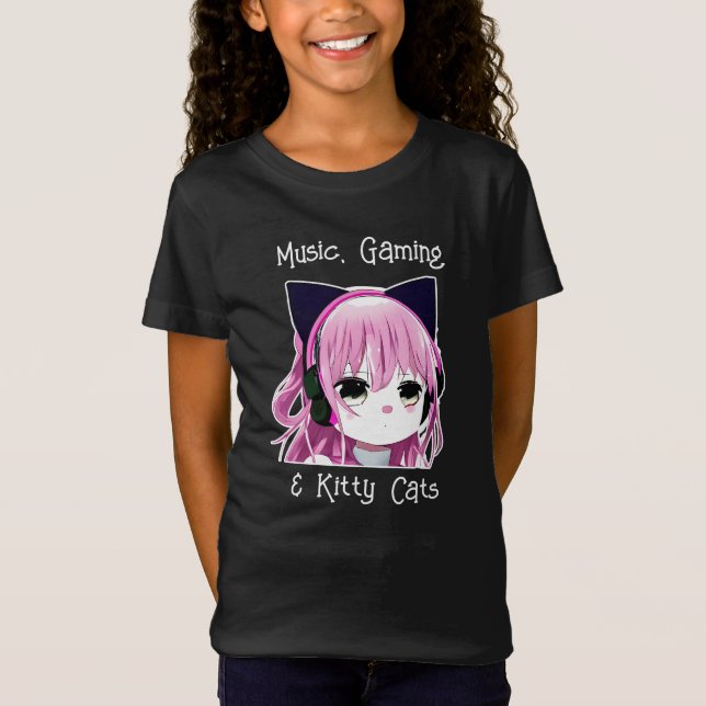 Music, Gaming and Kitty Cats | Anime Girl T-Shirt (Front)