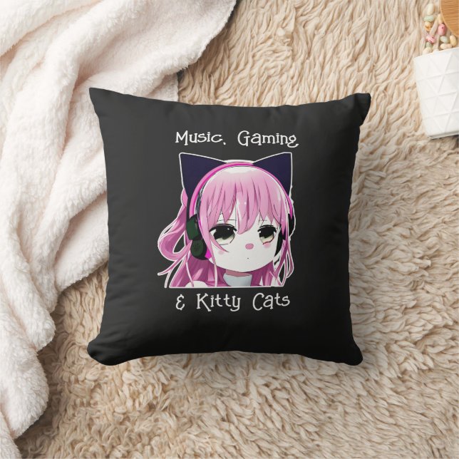 Music, Gaming and Kitty Cats | Anime Girl Throw Pillow (Blanket)