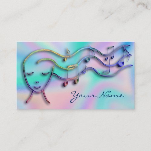 music girl on faux iridescent background business card