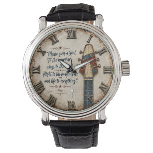 Music Gives a Soul Vintage Guitar Headstock Quote Watch
